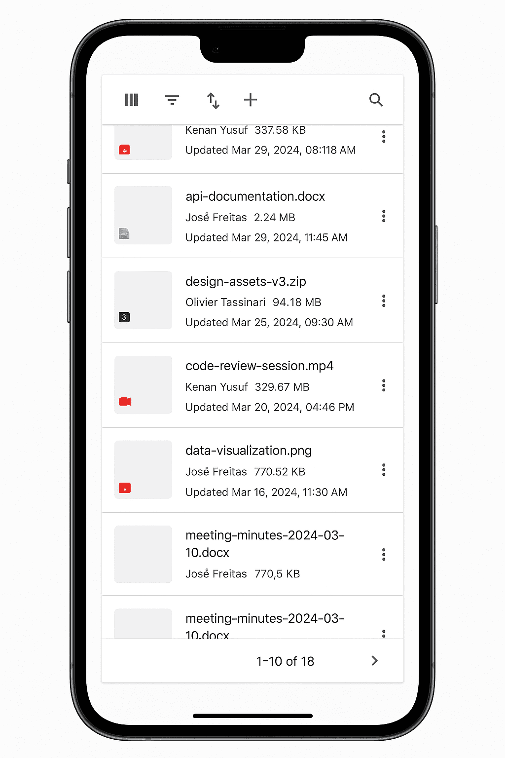 An example of a Data Grid's list view on a phone